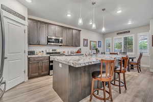Kitchen with stainless steel appliances, dark brown cabinetry, light wood-style flooring, backsplash, and a breakfast bar