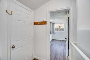 Hall with wood finished floors and lofted ceiling