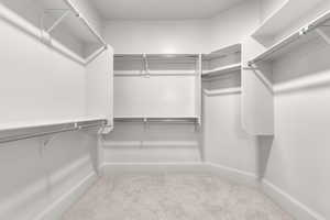 Walk in closet with light colored carpet