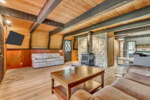Living area featuring a wood ceiling with exposed beams, a wood stove, wood walls, and wood finished floors