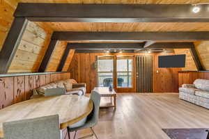Living area with wood walls, wood finished floors, and wood ceiling