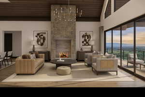 Living area with wood finished floors, a stone fireplace, a chandelier, wooden ceiling, and a towering ceiling