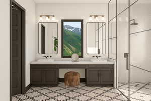 Bathroom featuring a shower stall, a mountain view, double vanity, and tile patterned floors