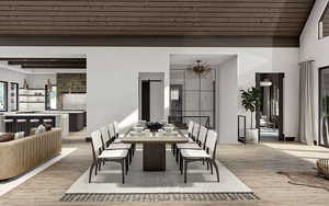 Dining space featuring wood finished floors and wooden ceiling