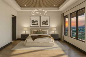 Bedroom with a raised ceiling, a chandelier, wood finished floors, and wood ceiling