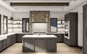 Kitchen with open shelves, double wall oven, light wood finished floors, tasteful backsplash, and beam ceiling