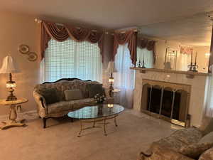 Living room featuring carpet floors and a fireplace