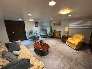 Living area with carpet flooring and recessed lighting