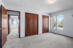 Unfurnished bedroom featuring carpet, two closets, and a textured ceiling