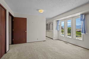 Unfurnished bedroom featuring a textured ceiling, light colored carpet, and a mountain view