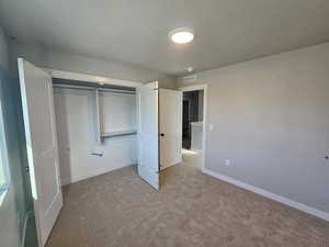Unfurnished bedroom featuring light colored carpet and a closet