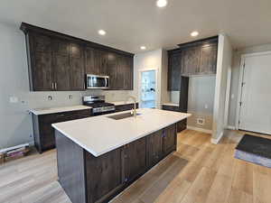Kitchen with appliances with stainless steel finishes, light wood-type flooring, dark brown cabinetry, and recessed lighting