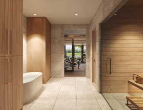 Full bath with a freestanding tub, recessed lighting, and a shower stall