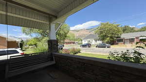 View of patio with a mountain view