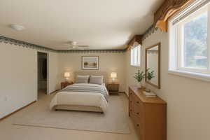 Digitally Staged: Bedroom with a ceiling fan and baseboards