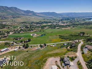 Drone / aerial view of a mountainous background