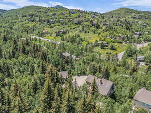 Aerial view of a mountain backdrop and a heavily wooded area