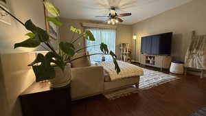 Living room featuring wood finished floors and a ceiling fan