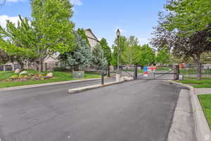 View of asphalt road featuring a gate, street lighting, a gated entry, and curbs
