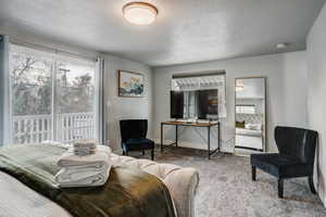 Carpeted bedroom featuring a textured ceiling and access to outside