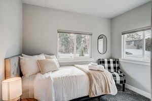 Bedroom featuring carpet flooring and baseboards