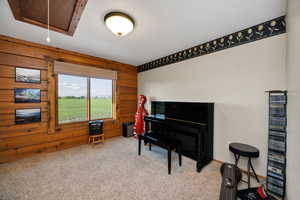 Den featuring wooden walls, Loft access, and carpet flooring