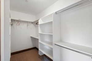 Spacious closet featuring dark carpet