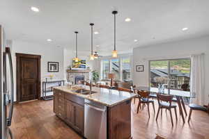 Kitchen with stainless steel dishwasher, a stone fireplace, a ceiling fan, freestanding refrigerator, and dark wood-style flooring