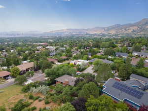 Aerial view of residential area with mountains