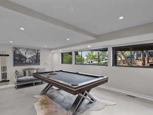 Rec room with recessed lighting, billiards, and concrete floors