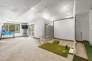 Home theater room featuring carpet flooring, recessed lighting, french doors, and a textured ceiling