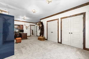 Unfurnished bedroom with crown molding, a desk, light colored carpet, and a textured ceiling