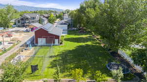 Aerial view of residential area featuring mountains