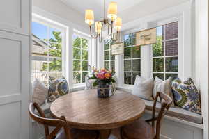 Dining room with plenty of natural light and a chandelier