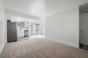 Unfurnished living room featuring a textured ceiling and light carpet