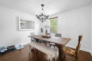 Dining space featuring a chandelier and wood finished floors