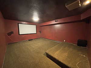 Home theater featuring carpet and a textured ceiling