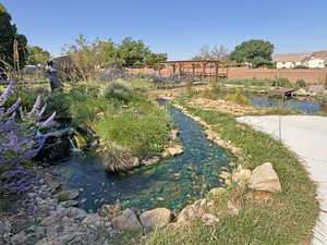 View of yard with a small pond