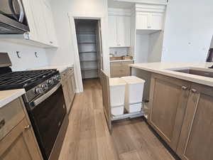 Kitchen with stainless steel appliances, light wood-type flooring, white cabinetry, and light countertops