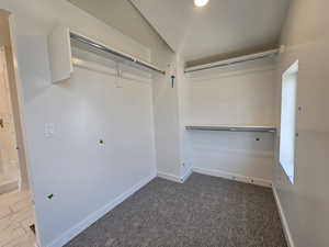 Walk in closet with carpet floors