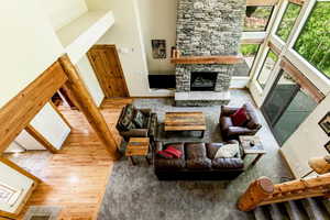 Living room featuring wood finished floors, a towering ceiling, and a fireplace