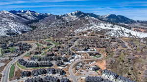 Aerial overview of property's location featuring a mountain backdrop