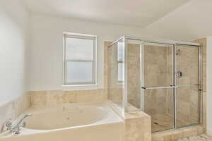 Bathroom with a garden tub and a shower stall