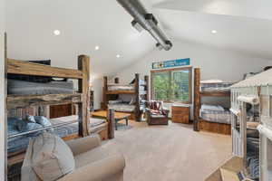 Carpeted bedroom featuring recessed lighting