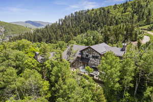 Aerial view of property and surrounding area with a forest