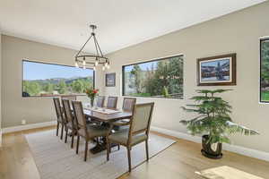 Dining room with a chandelier and light wood-type flooring