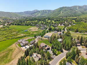 Aerial perspective of suburban area with mountains