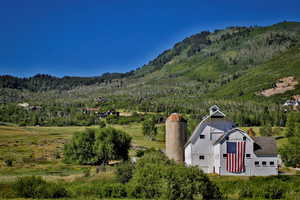 View of mountain backdrop with a heavily wooded area