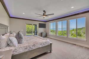 Bedroom featuring access to outside, carpet flooring, recessed lighting, and ceiling fan