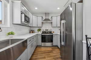 Kitchen with stainless steel appliances, wall chimney exhaust hood, gray cabinetry, dark wood-style floors, and decorative backsplash